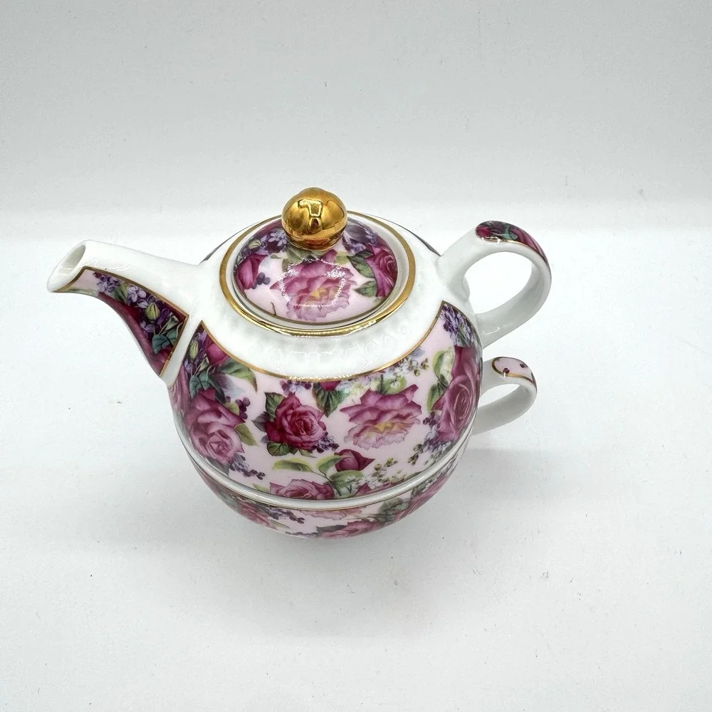 Aynsley Fine Bone China Floral Tea For One Set Teapot‎ Cup Lid Pink Roses Gold